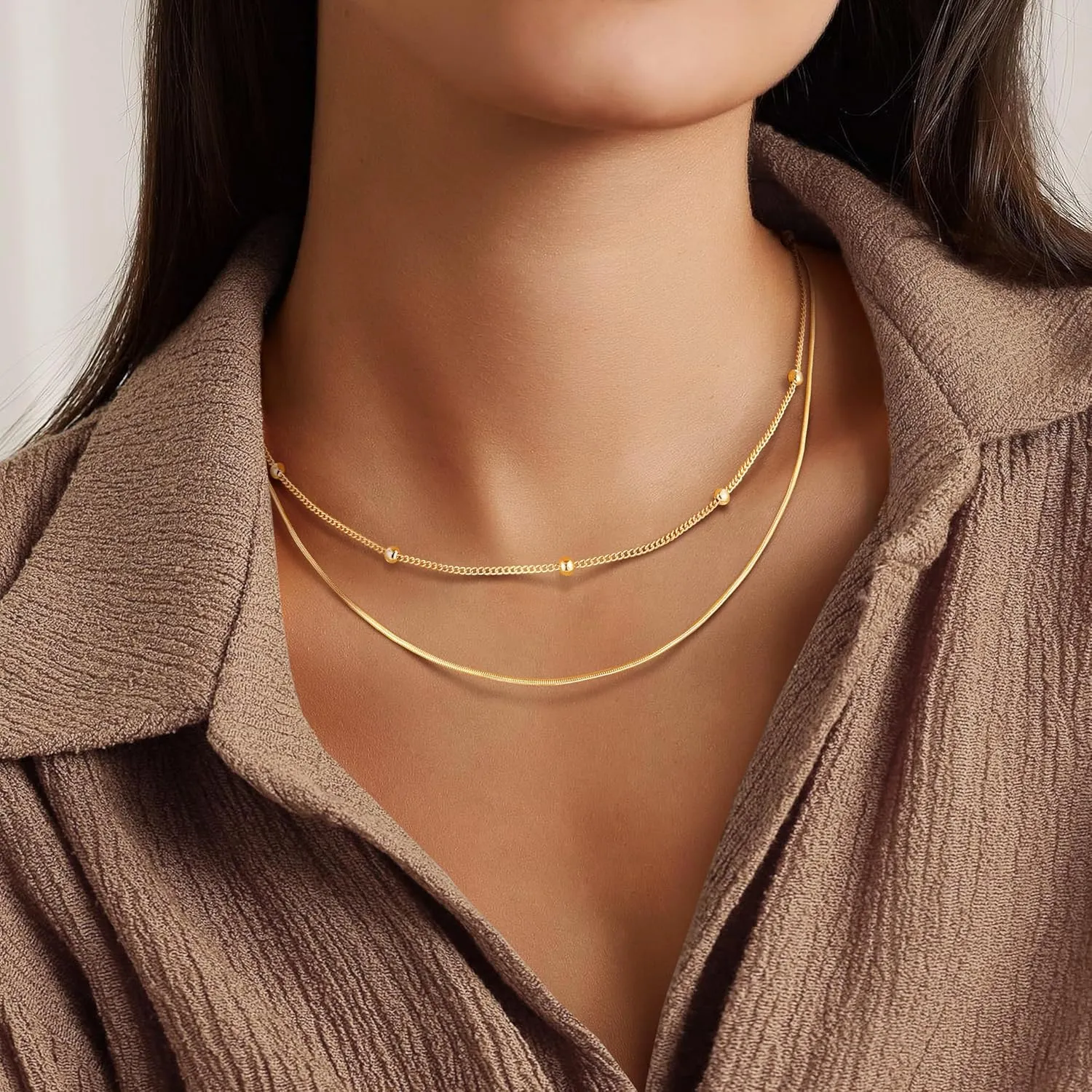 MJartoria Dainty Choker Necklace for Women 14K Gold Plated Minimalist Chain Choker Necklace Trendy Satellite Bead Choker Jewelry Gifts