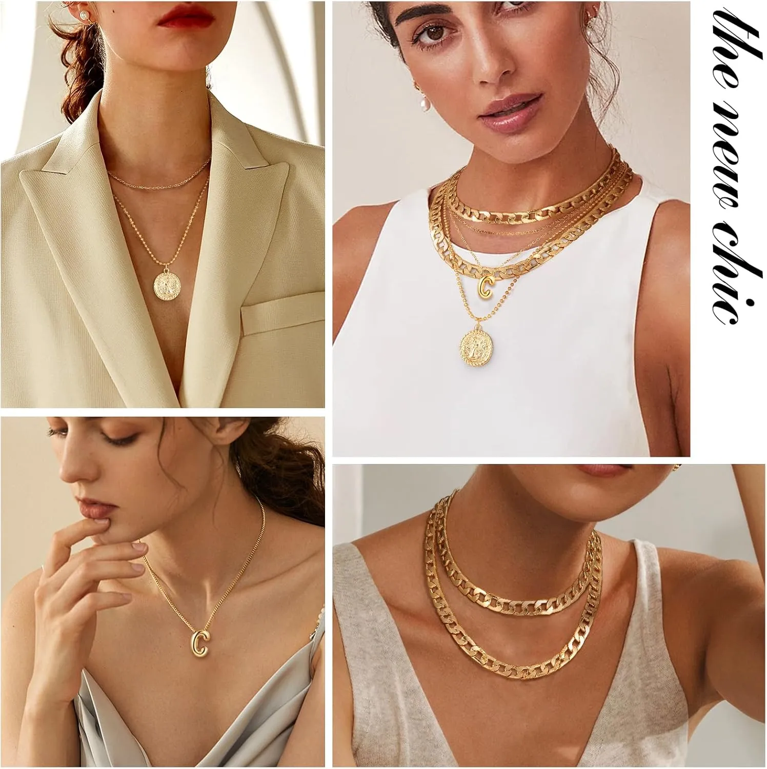 MJartoria Gold Layered Necklaces for Women Trendy Balloon Initial Pendant Necklace Dainty Chunky Chain Choker Necklaces Jewelry Birthday Gifts