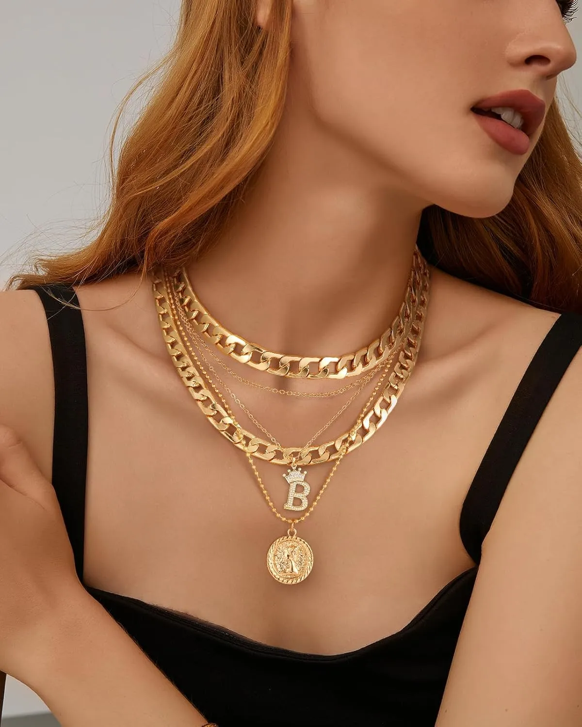 MJartoria Gold Layered Necklaces for Women Trendy Retro Coin Crown Letter Pendant Necklace Dainty Chunky Chain Choker Necklaces for Jewelry Birthday Gifts
