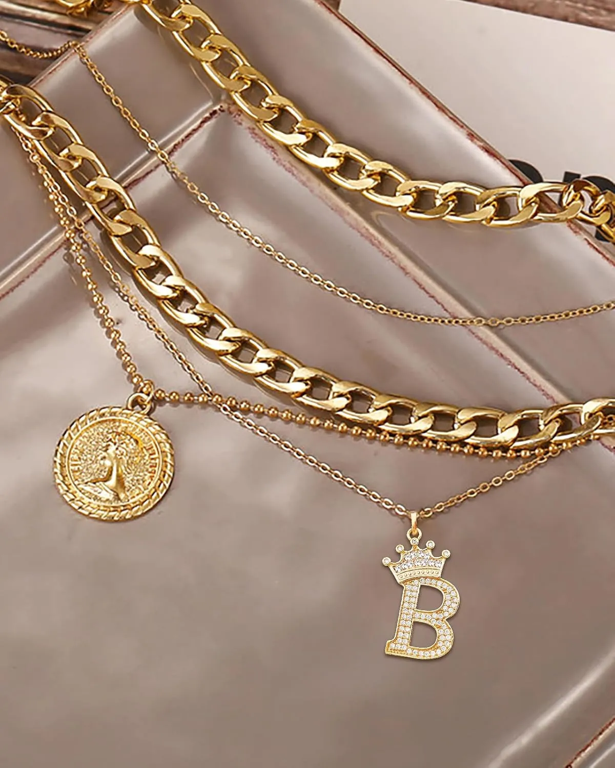 MJartoria Gold Layered Necklaces for Women Trendy Retro Coin Crown Letter Pendant Necklace Dainty Chunky Chain Choker Necklaces for Jewelry Birthday Gifts