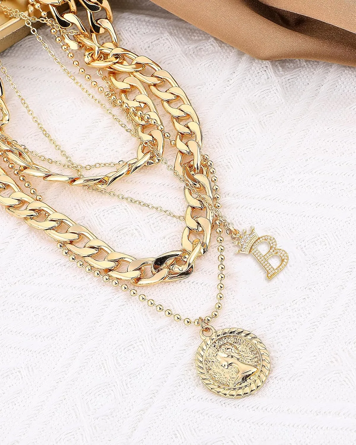 MJartoria Gold Layered Necklaces for Women Trendy Retro Coin Crown Letter Pendant Necklace Dainty Chunky Chain Choker Necklaces for Jewelry Birthday Gifts