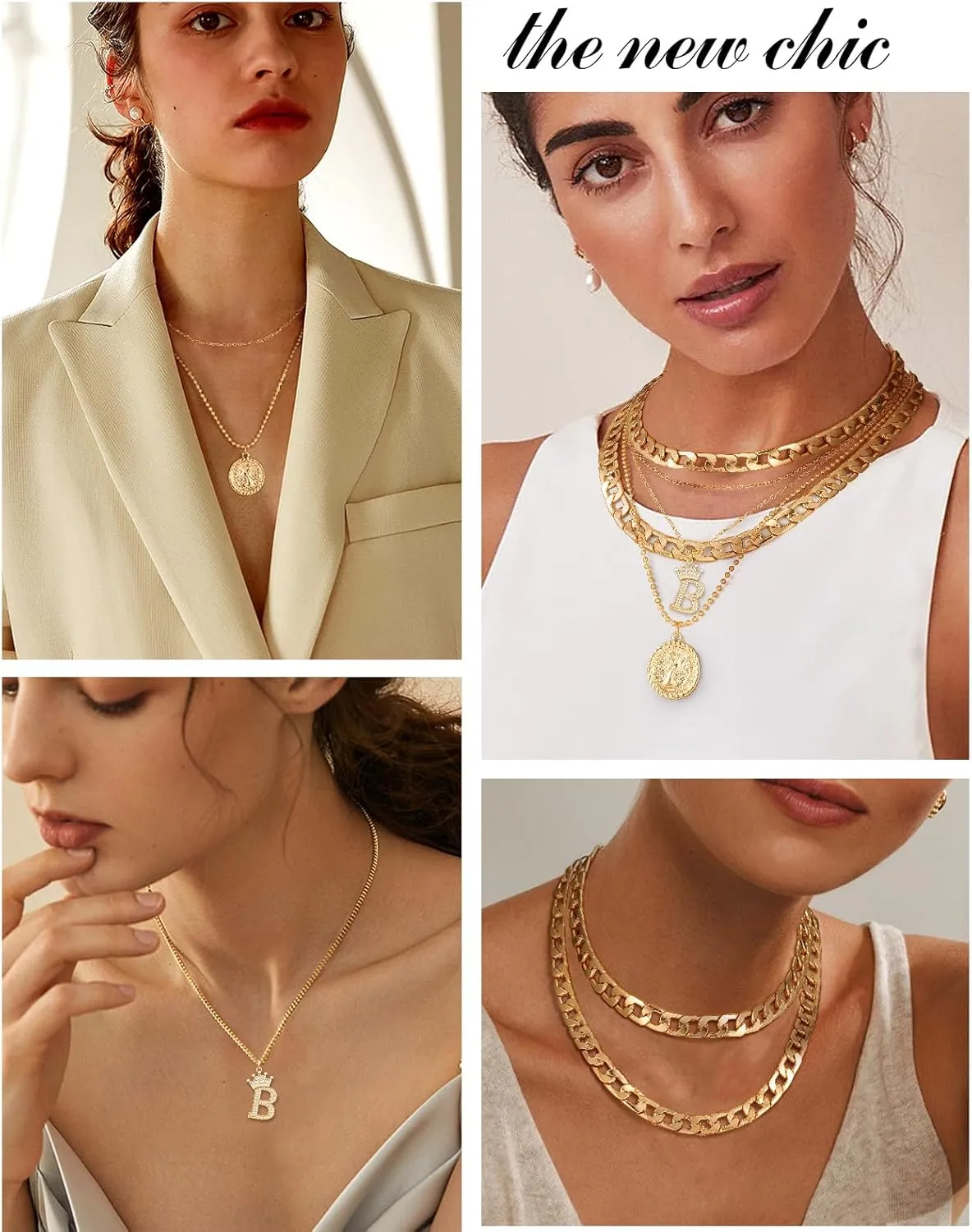 MJartoria Gold Layered Necklaces for Women Trendy Retro Coin Crown Letter Pendant Necklace Dainty Chunky Chain Choker Necklaces for Jewelry Birthday Gifts
