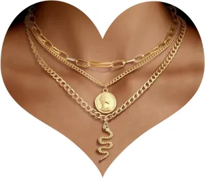 MJartoria Gold Layered Necklaces for Women Trendy Retro Coin Pendant Gold Necklace Dainty Chunky Link Chain Choker Necklaces for Jewelry Birthday Gifts
