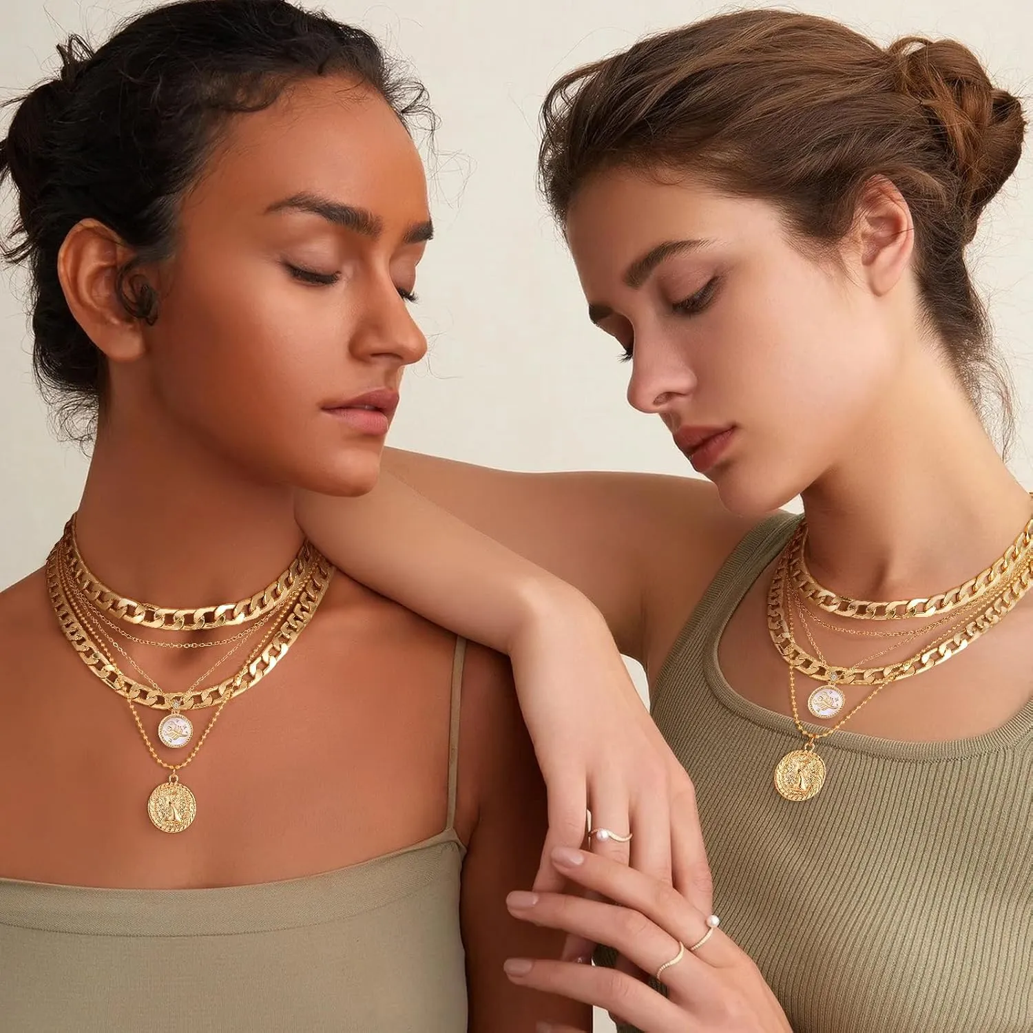 MJartoria Gold Layered Necklaces for Women Trendy Retro Coin Pendant Necklace Dainty Chunky Chain Choker Necklaces for Jewelry Birthday Gifts