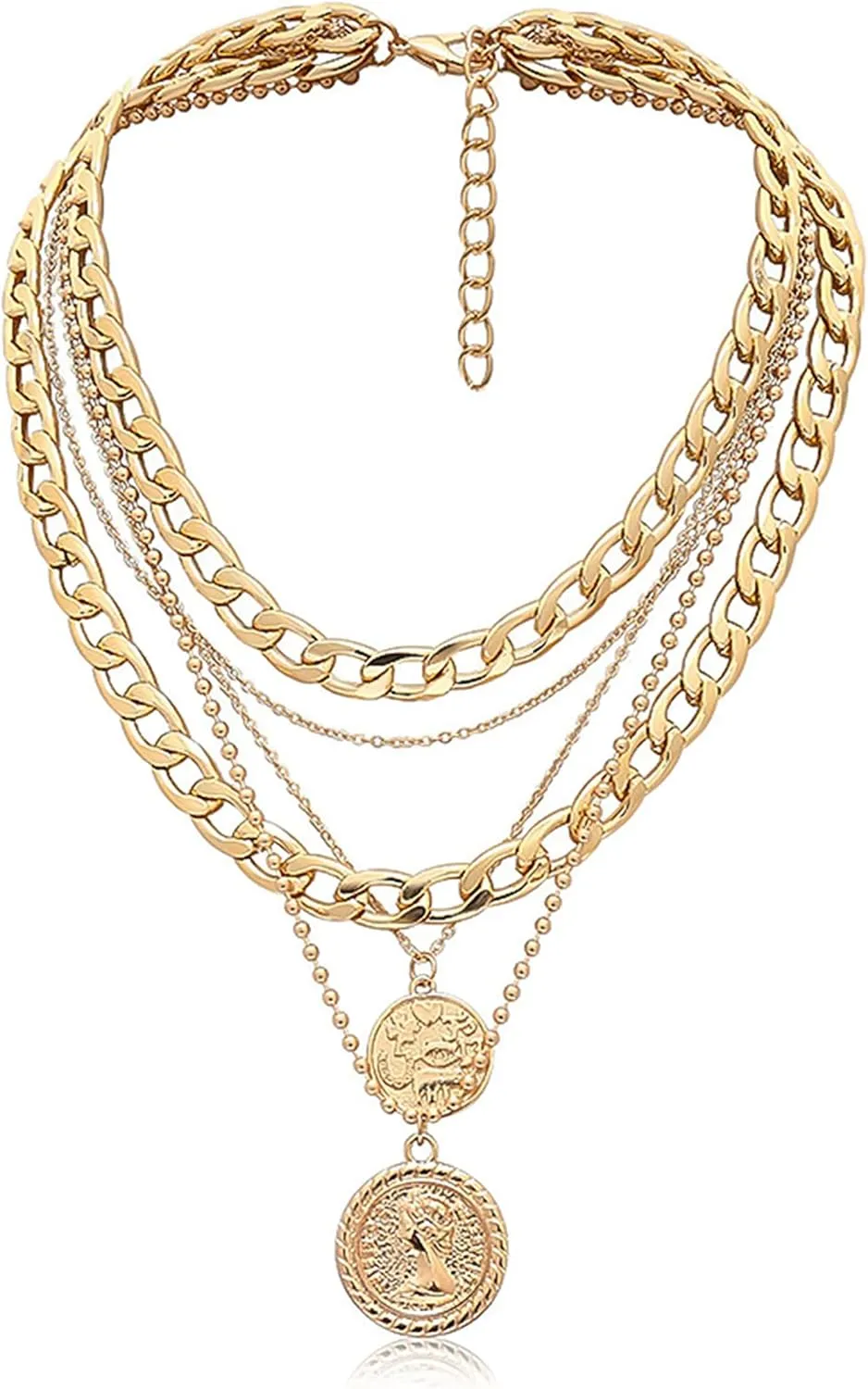 MJartoria Gold Layered Necklaces for Women Trendy Retro Coin Pendant Necklace Dainty Chunky Chain Choker Necklaces for Jewelry Birthday Gifts
