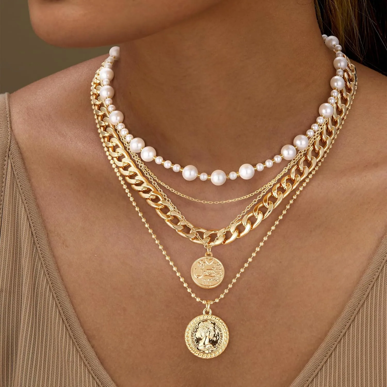MJartoria Gold Layered Necklaces for Women Trendy Retro Coin Pendant Necklace Dainty Chunky Chain Choker Necklaces for Jewelry Birthday Gifts