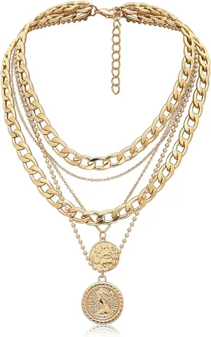 MJartoria Gold Layered Necklaces for Women Trendy Retro Coin Pendant Necklace Dainty Chunky Chain Choker Necklaces for Jewelry Birthday Gifts