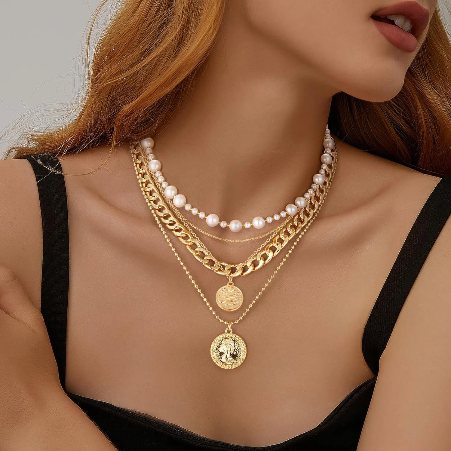 MJartoria Gold Layered Necklaces for Women Trendy Retro Coin Pendant Necklace Dainty Chunky Chain Choker Necklaces for Jewelry Birthday Gifts