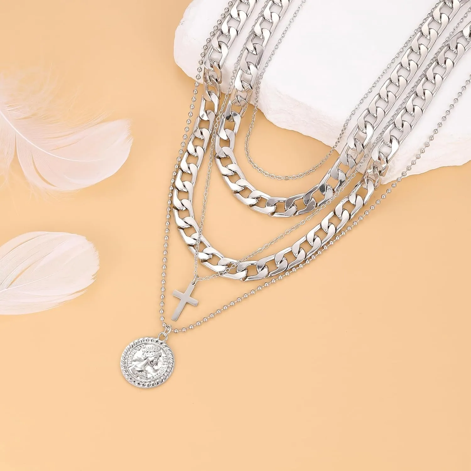 MJartoria Gold Layered Necklaces for Women Trendy Retro Coin Pendant Necklace Dainty Chunky Chain Choker Necklaces for Jewelry Birthday Gifts
