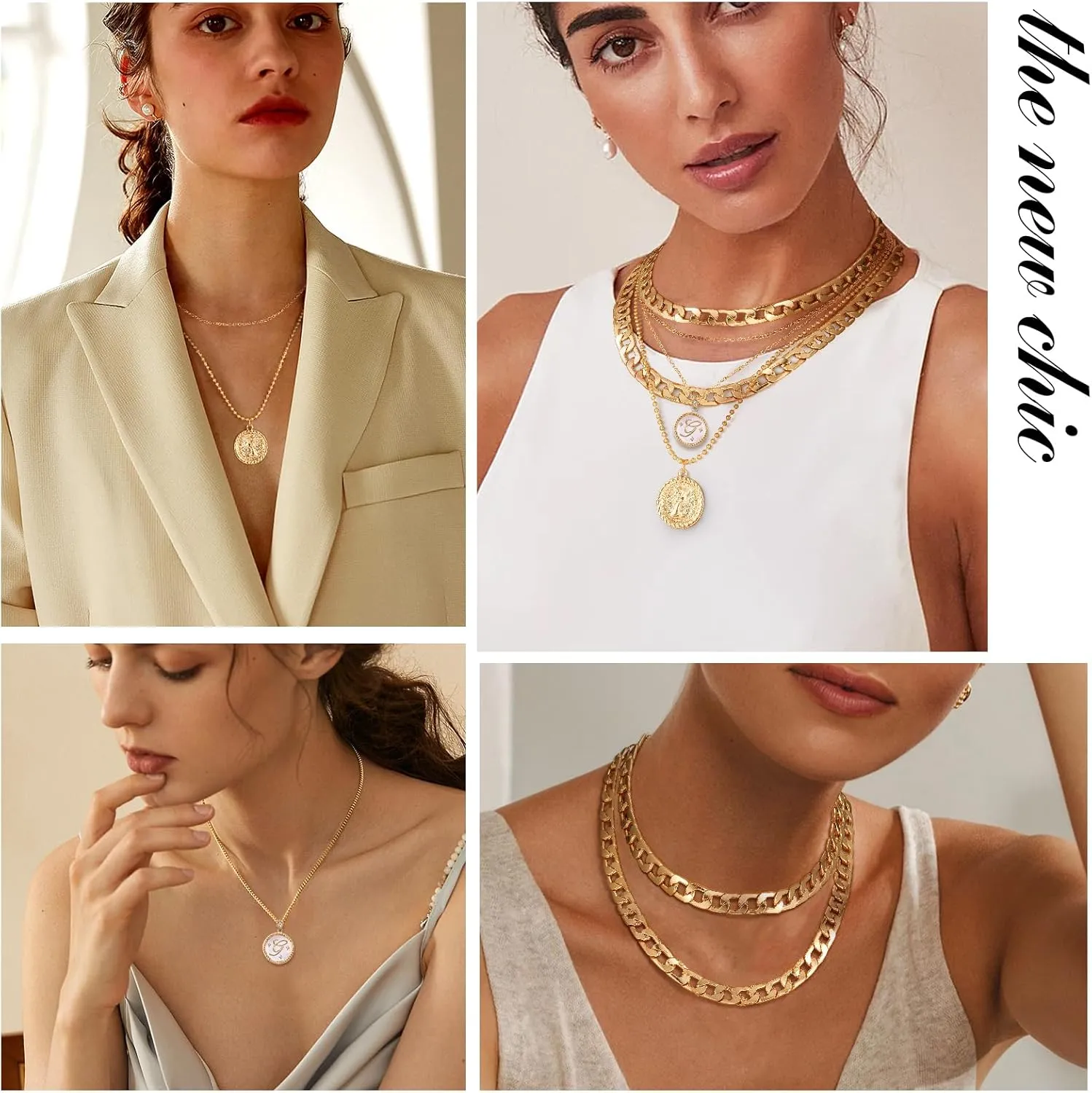 MJartoria Gold Layered Necklaces for Women Trendy Retro Mother of Pearl Coin Letter Pendant Necklace Dainty Chunky Chain Choker Necklaces for Jewelry Birthday Gifts