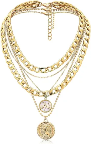 MJartoria Gold Layered Necklaces for Women Trendy Retro Mother of Pearl Coin Letter Pendant Necklace Dainty Chunky Chain Choker Necklaces for Jewelry Birthday Gifts