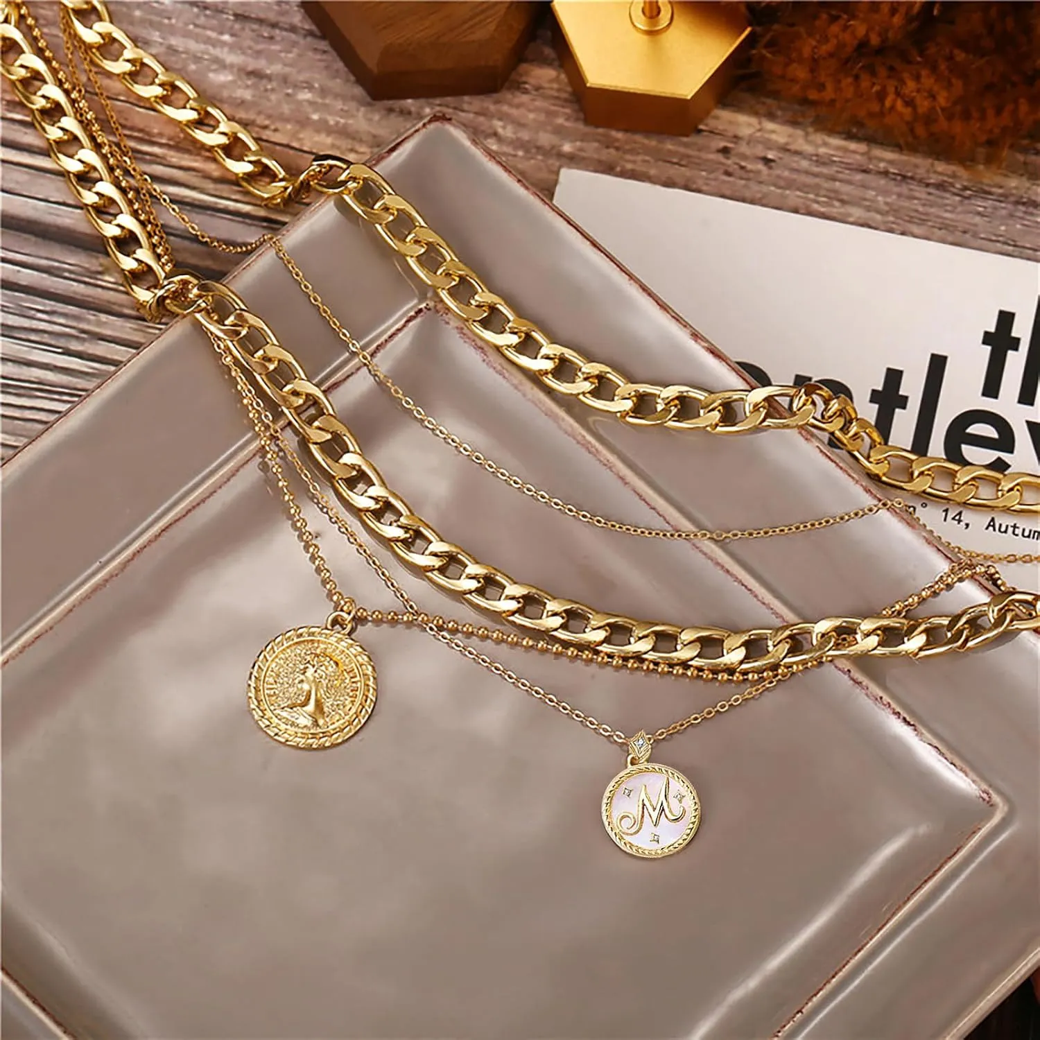 MJartoria Gold Layered Necklaces for Women Trendy Retro Mother of Pearl Coin Letter Pendant Necklace Dainty Chunky Chain Choker Necklaces for Jewelry Birthday Gifts