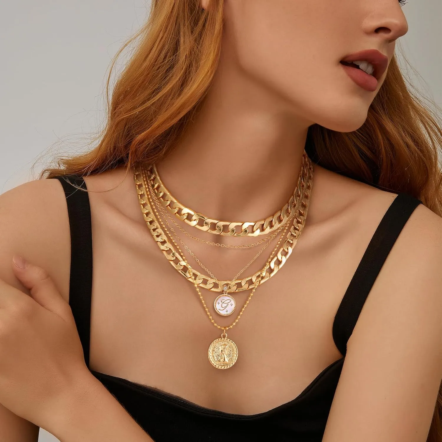 MJartoria Gold Layered Necklaces for Women Trendy Retro Mother of Pearl Coin Letter Pendant Necklace Dainty Chunky Chain Choker Necklaces for Jewelry Birthday Gifts