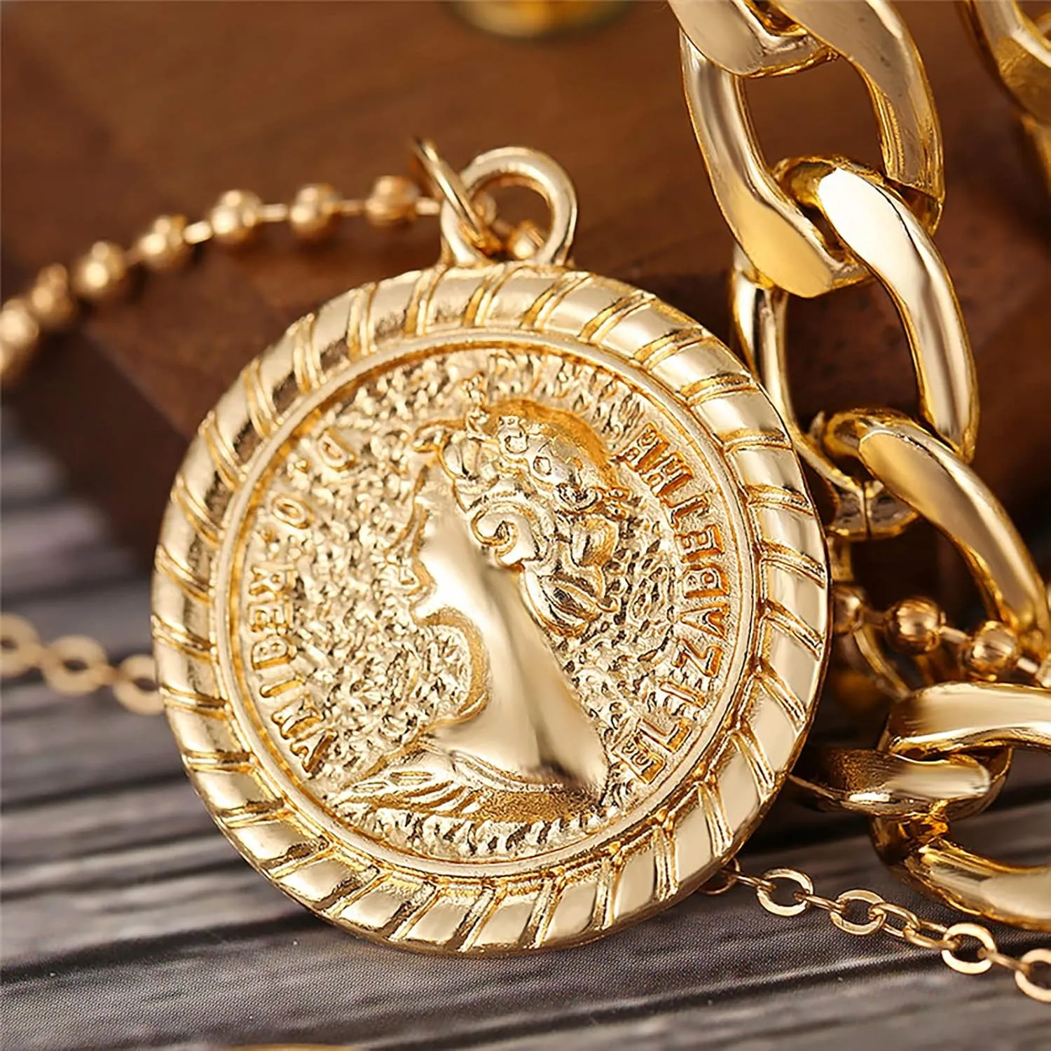 MJartoria Gold Layered Necklaces for Women Trendy Retro Mother of Pearl Coin Letter Pendant Necklace Dainty Chunky Chain Choker Necklaces for Jewelry Birthday Gifts