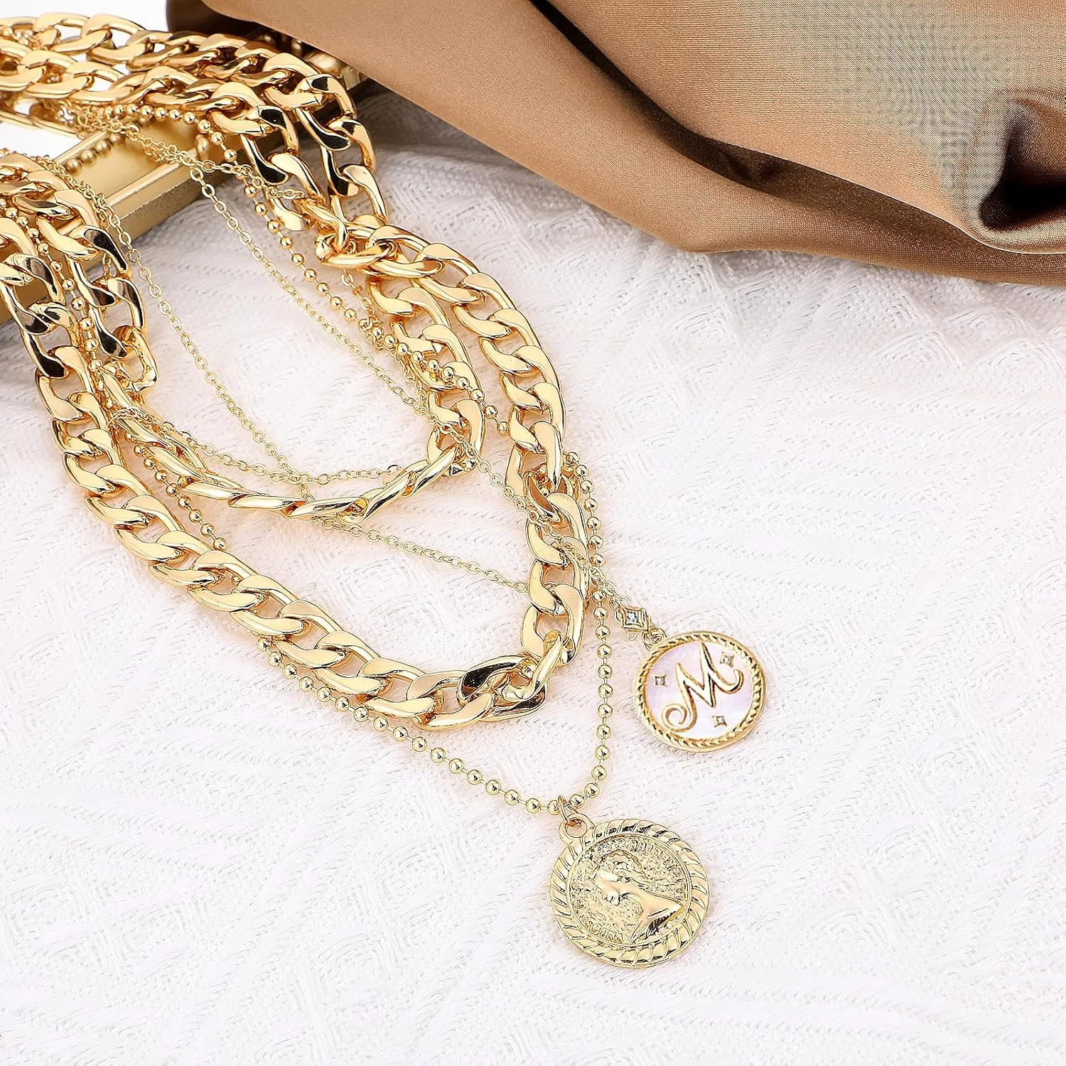 MJartoria Gold Layered Necklaces for Women Trendy Retro Mother of Pearl Coin Letter Pendant Necklace Dainty Chunky Chain Choker Necklaces for Jewelry Birthday Gifts