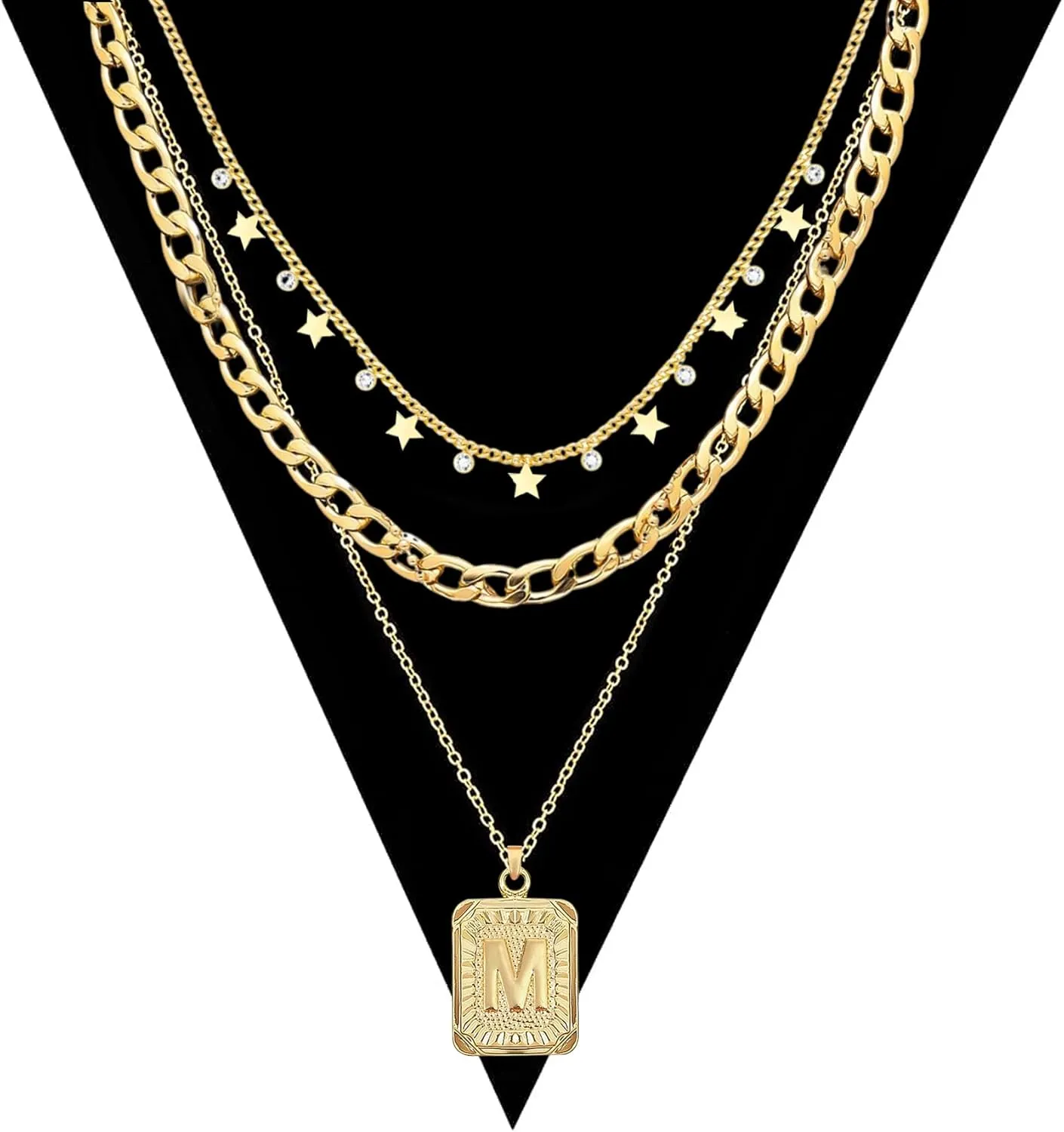 MJartoria Layered Necklaces for Women Trendy, 14K Gold Plated Simple Star Choker Square Letter Pendant Chunky Necklace, Layering Gold Necklaces Jewelry Gifts