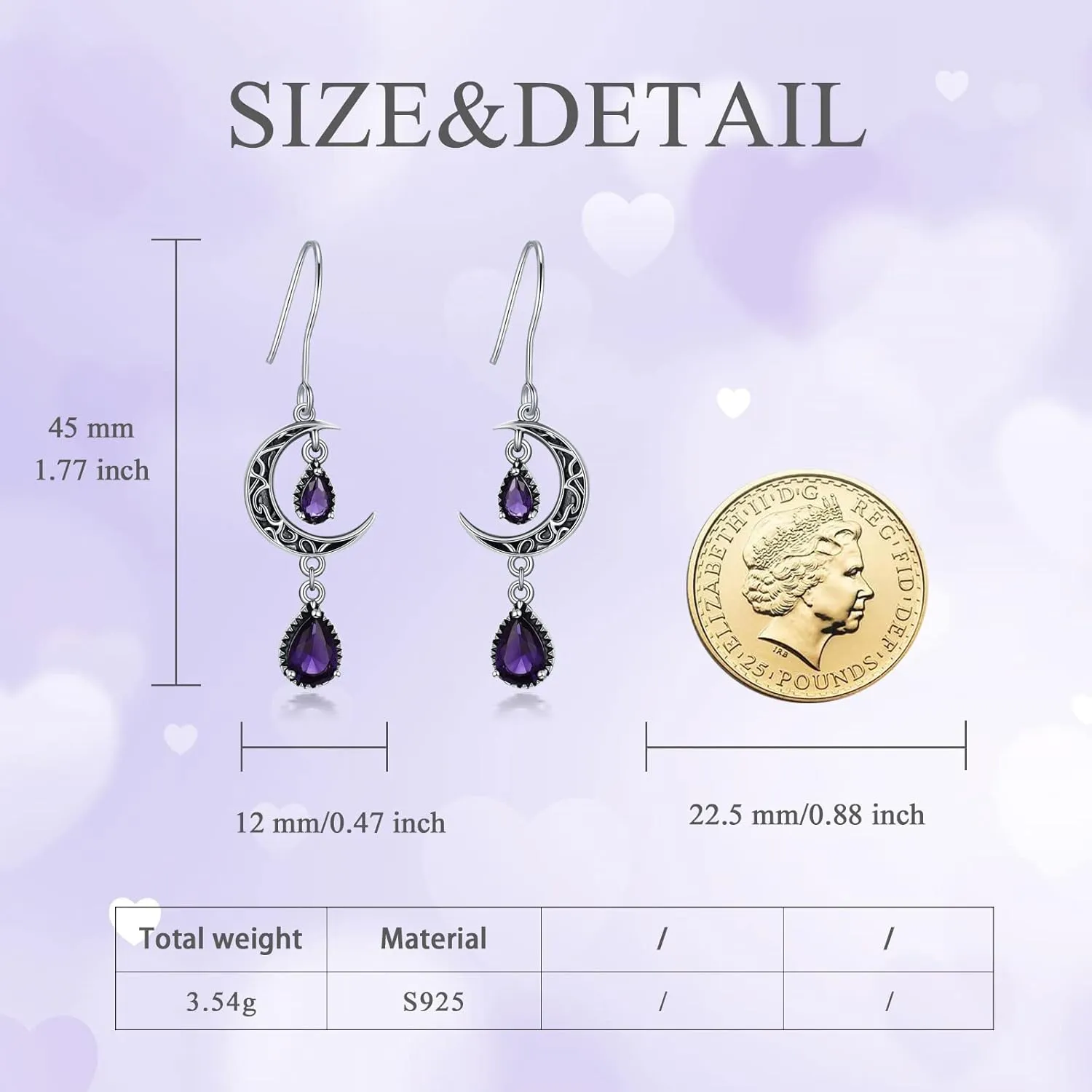 Moon Earrings for Women 925 Sterling Silver Celtic Moon Dangle Drop Earrings Emerald / Amethyst / Ruby / Sapphire/ Pink / Peridot / Aquamarine / Citrine / Black / Rainbow Topaz Dangling Earrings Celtic Jewelry Gifts for Women