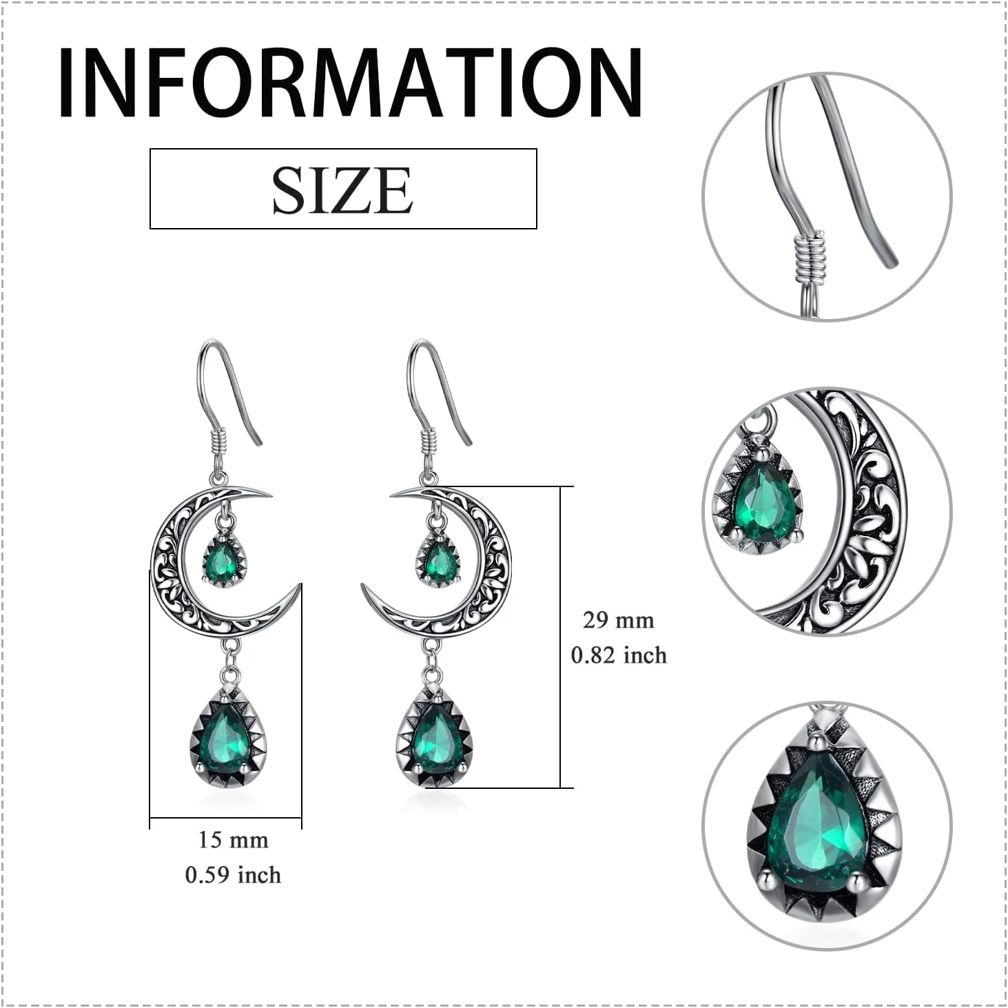 Moon Earrings for Women 925 Sterling Silver Celtic Moon Dangle Drop Earrings Emerald / Amethyst / Ruby / Sapphire/ Pink / Peridot / Aquamarine / Citrine / Black / Rainbow Topaz Dangling Earrings Celtic Jewelry Gifts for Women