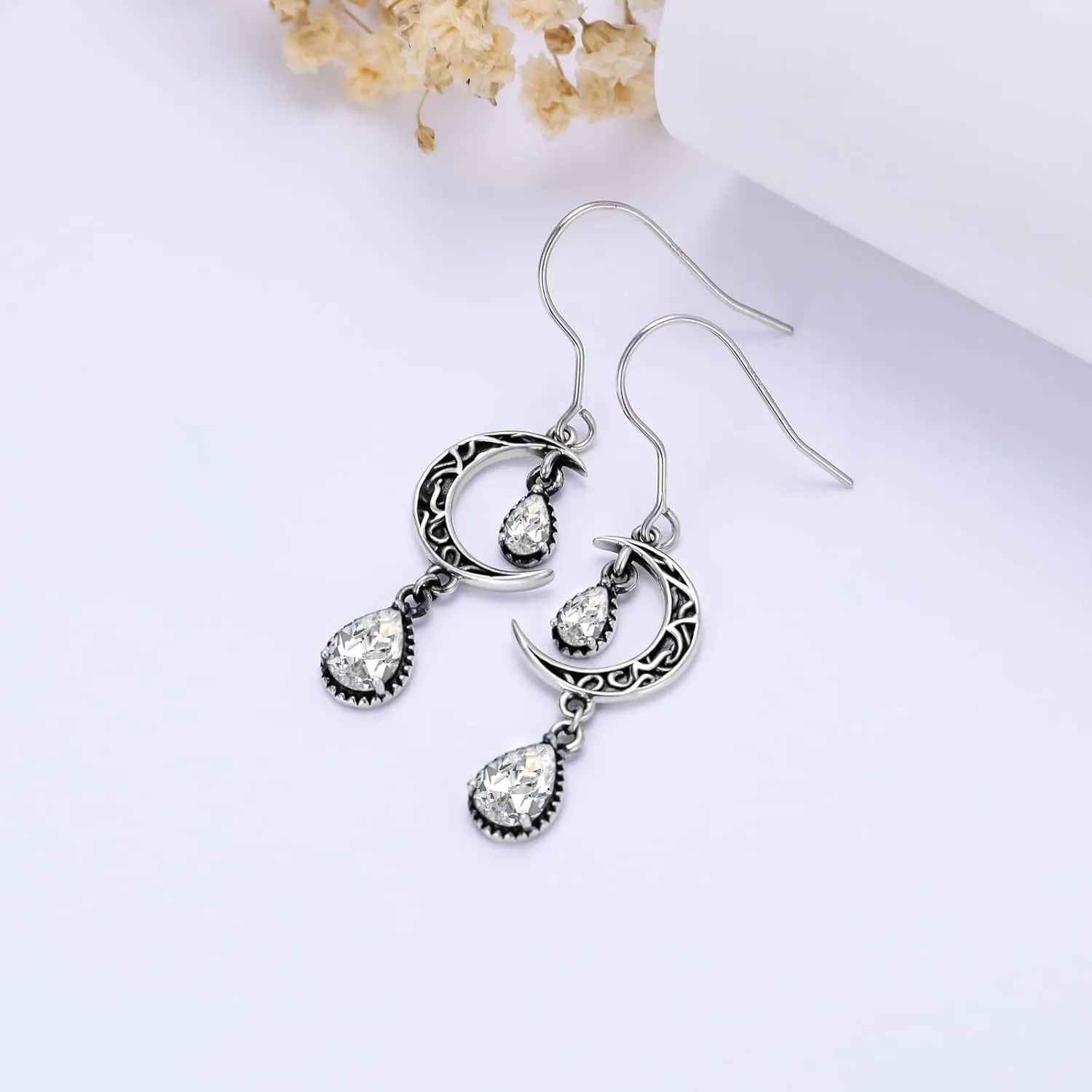 Moon Earrings for Women 925 Sterling Silver Celtic Moon Dangle Drop Earrings Emerald / Amethyst / Ruby / Sapphire/ Pink / Peridot / Aquamarine / Citrine / Black / Rainbow Topaz Dangling Earrings Celtic Jewelry Gifts for Women