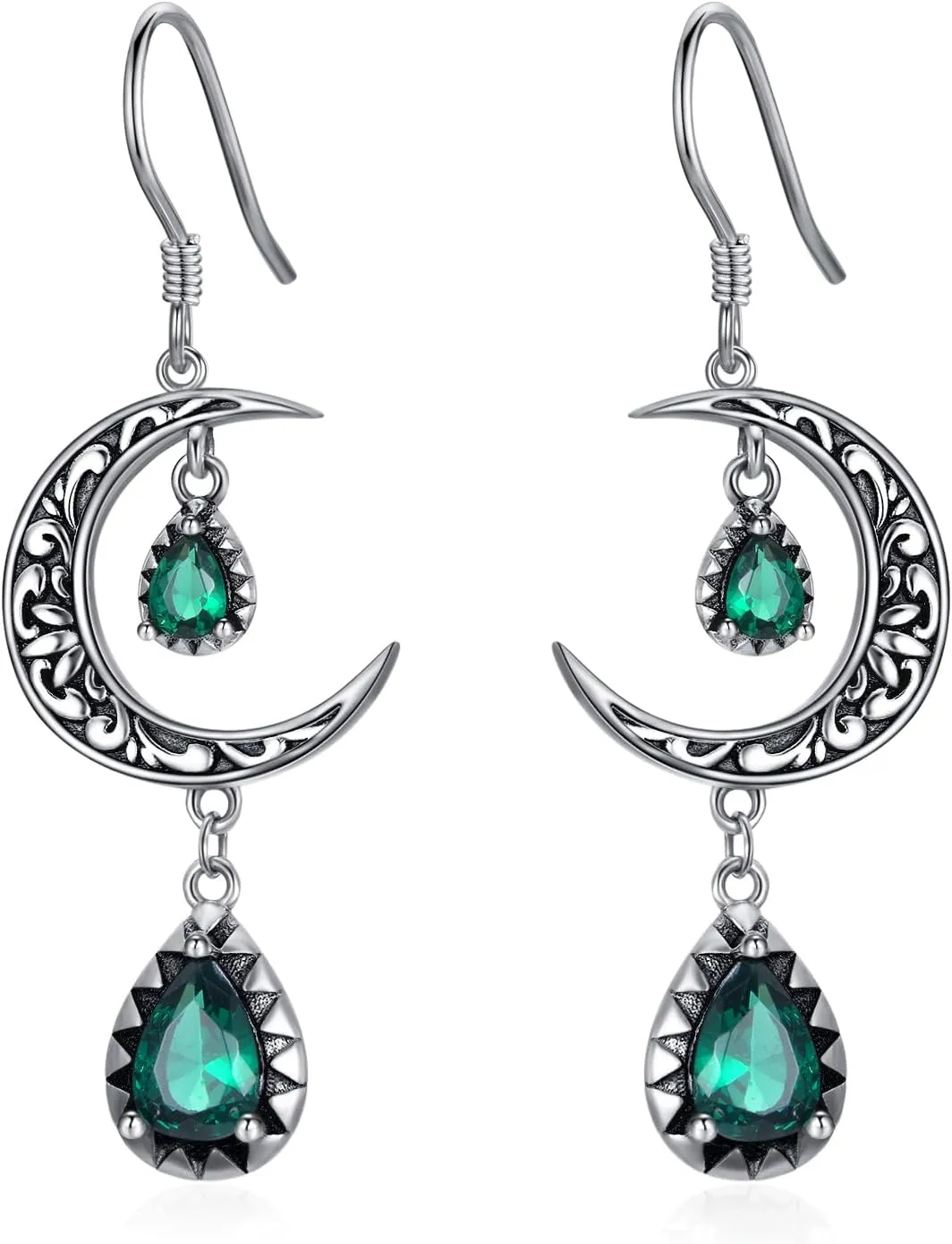 Moon Earrings for Women 925 Sterling Silver Celtic Moon Dangle Drop Earrings Emerald / Amethyst / Ruby / Sapphire/ Pink / Peridot / Aquamarine / Citrine / Black / Rainbow Topaz Dangling Earrings Celtic Jewelry Gifts for Women