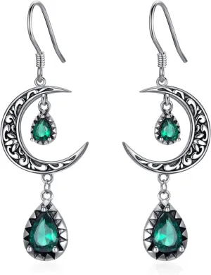 Moon Earrings for Women 925 Sterling Silver Celtic Moon Dangle Drop Earrings Emerald / Amethyst / Ruby / Sapphire/ Pink / Peridot / Aquamarine / Citrine / Black / Rainbow Topaz Dangling Earrings Celtic Jewelry Gifts for Women