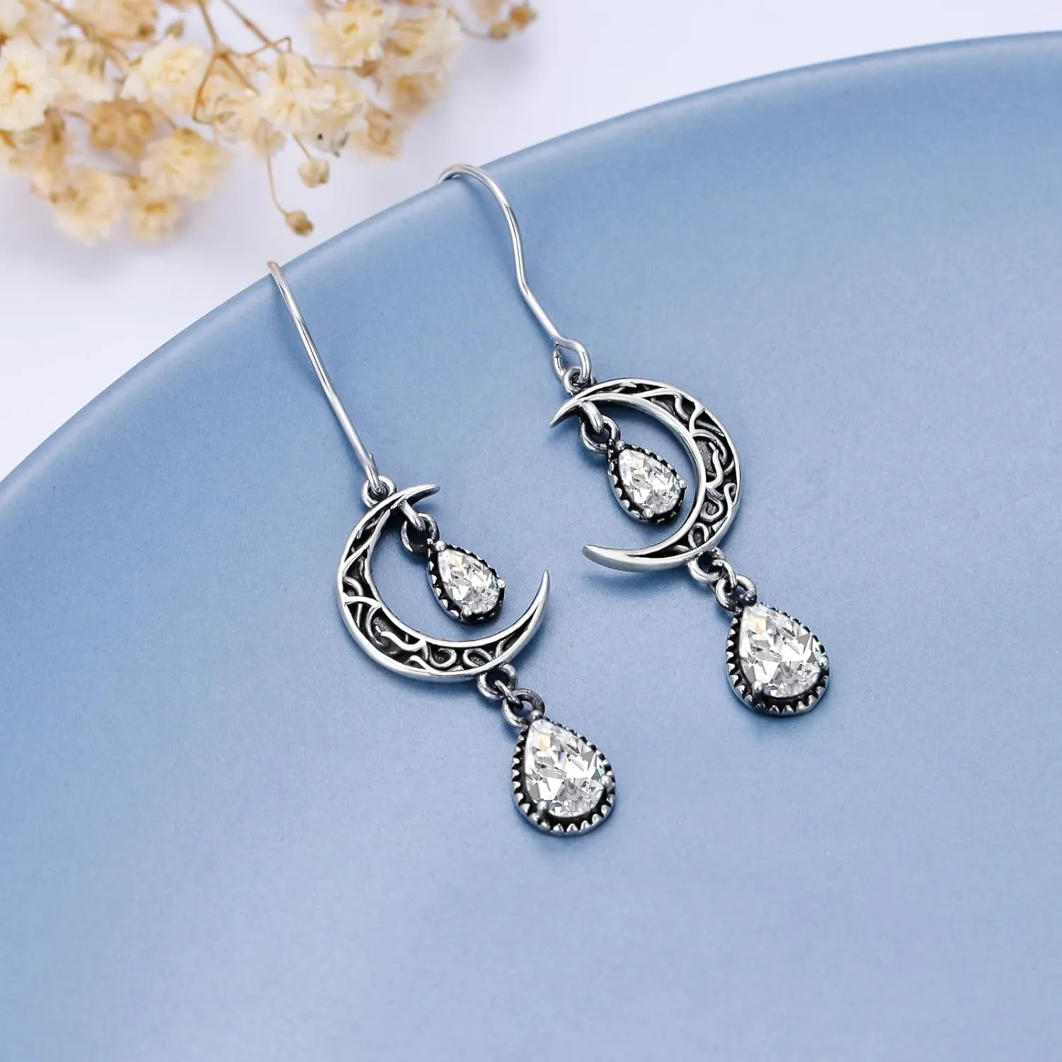 Moon Earrings for Women 925 Sterling Silver Celtic Moon Dangle Drop Earrings Emerald / Amethyst / Ruby / Sapphire/ Pink / Peridot / Aquamarine / Citrine / Black / Rainbow Topaz Dangling Earrings Celtic Jewelry Gifts for Women