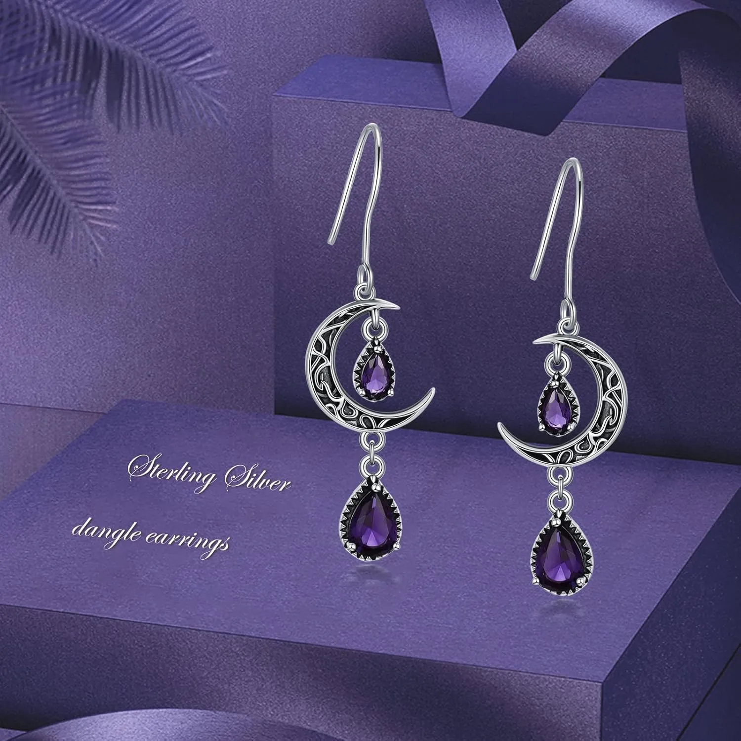 Moon Earrings for Women 925 Sterling Silver Celtic Moon Dangle Drop Earrings Emerald / Amethyst / Ruby / Sapphire/ Pink / Peridot / Aquamarine / Citrine / Black / Rainbow Topaz Dangling Earrings Celtic Jewelry Gifts for Women