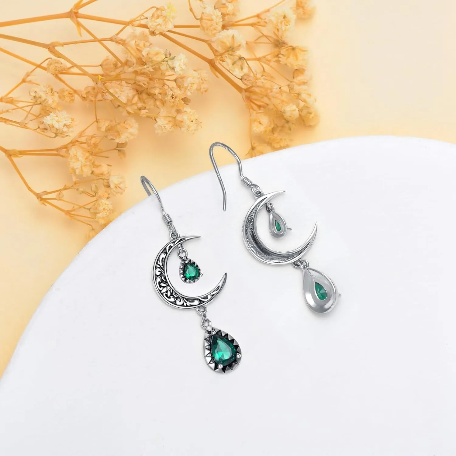 Moon Earrings for Women 925 Sterling Silver Celtic Moon Dangle Drop Earrings Emerald / Amethyst / Ruby / Sapphire/ Pink / Peridot / Aquamarine / Citrine / Black / Rainbow Topaz Dangling Earrings Celtic Jewelry Gifts for Women
