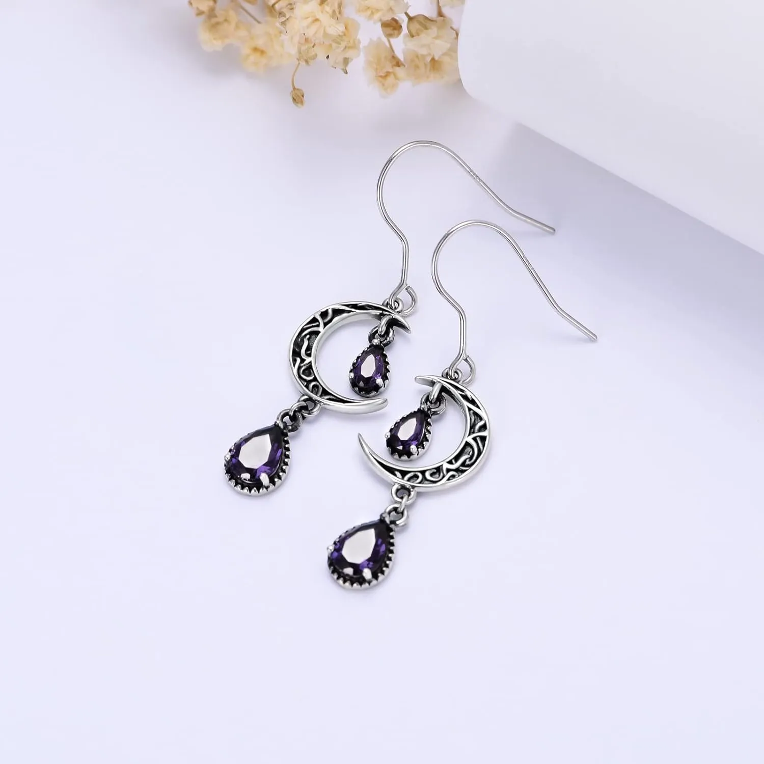 Moon Earrings for Women 925 Sterling Silver Celtic Moon Dangle Drop Earrings Emerald / Amethyst / Ruby / Sapphire/ Pink / Peridot / Aquamarine / Citrine / Black / Rainbow Topaz Dangling Earrings Celtic Jewelry Gifts for Women