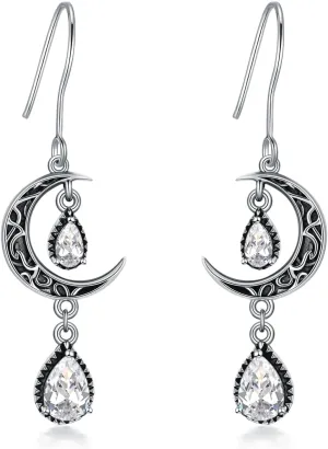 Moon Earrings for Women 925 Sterling Silver Celtic Moon Dangle Drop Earrings Emerald / Amethyst / Ruby / Sapphire/ Pink / Peridot / Aquamarine / Citrine / Black / Rainbow Topaz Dangling Earrings Celtic Jewelry Gifts for Women