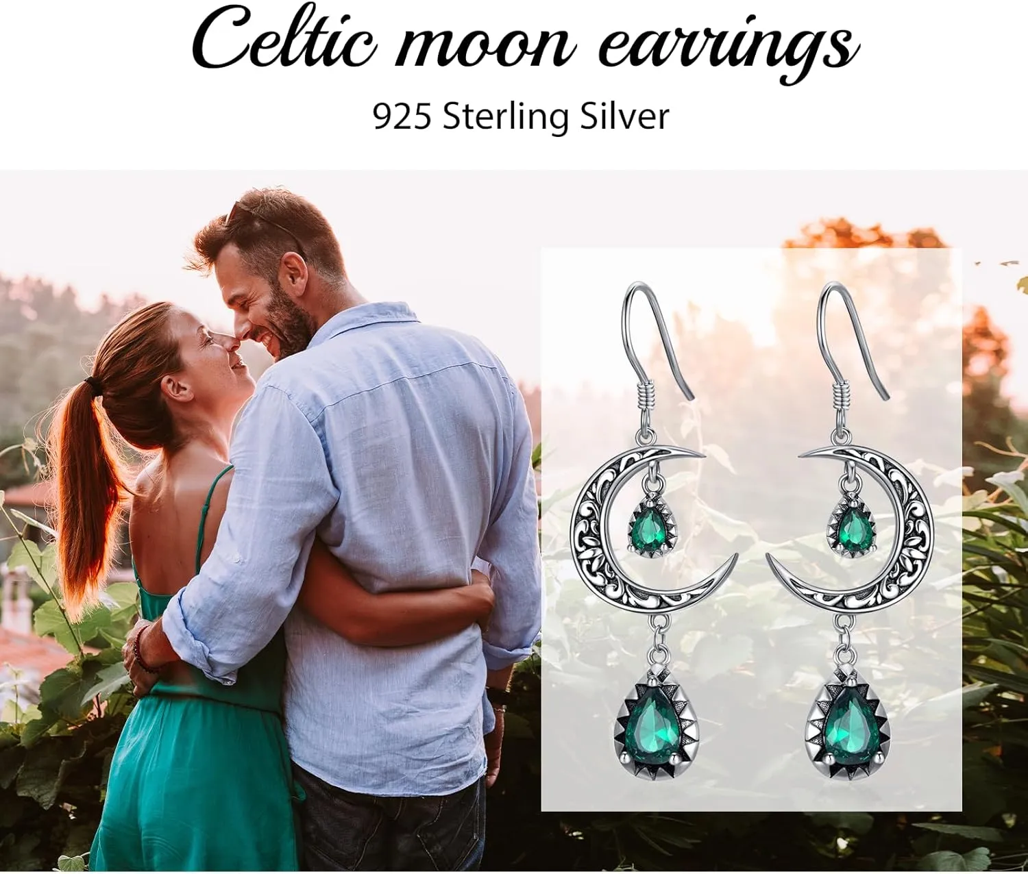 Moon Earrings for Women 925 Sterling Silver Celtic Moon Dangle Drop Earrings Emerald / Amethyst / Ruby / Sapphire/ Pink / Peridot / Aquamarine / Citrine / Black / Rainbow Topaz Dangling Earrings Celtic Jewelry Gifts for Women