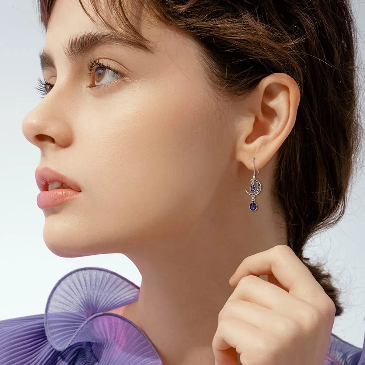 Moon Earrings for Women 925 Sterling Silver Celtic Moon Dangle Drop Earrings Emerald / Amethyst / Ruby / Sapphire/ Pink / Peridot / Aquamarine / Citrine / Black / Rainbow Topaz Dangling Earrings Celtic Jewelry Gifts for Women