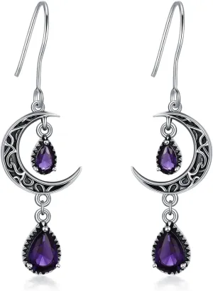 Moon Earrings for Women 925 Sterling Silver Celtic Moon Dangle Drop Earrings Emerald / Amethyst / Ruby / Sapphire/ Pink / Peridot / Aquamarine / Citrine / Black / Rainbow Topaz Dangling Earrings Celtic Jewelry Gifts for Women