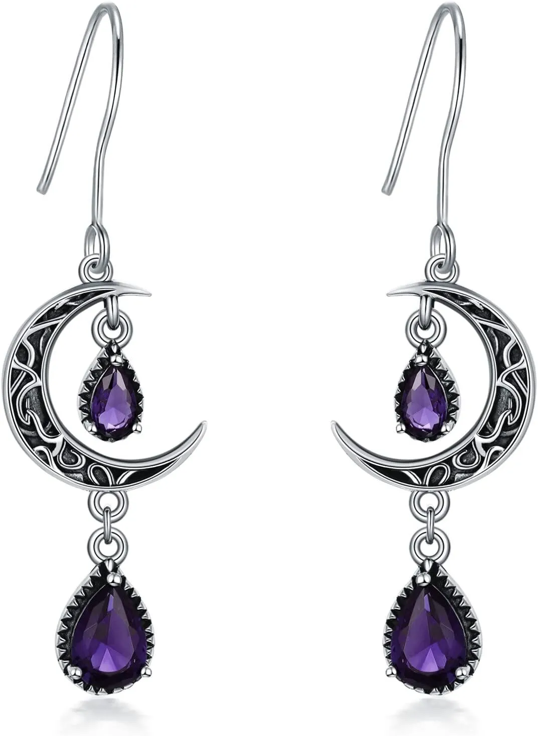 Moon Earrings for Women 925 Sterling Silver Celtic Moon Dangle Drop Earrings Emerald / Amethyst / Ruby / Sapphire/ Pink / Peridot / Aquamarine / Citrine / Black / Rainbow Topaz Dangling Earrings Celtic Jewelry Gifts for Women