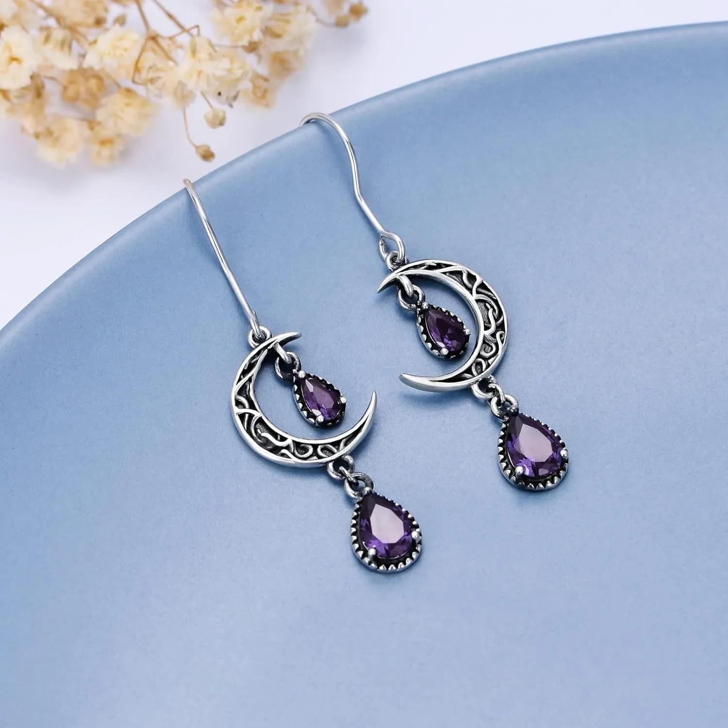 Moon Earrings for Women 925 Sterling Silver Celtic Moon Dangle Drop Earrings Emerald / Amethyst / Ruby / Sapphire/ Pink / Peridot / Aquamarine / Citrine / Black / Rainbow Topaz Dangling Earrings Celtic Jewelry Gifts for Women