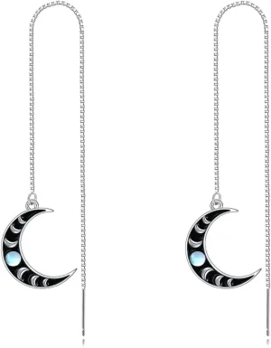 Moon Phase Earrings 925 Moon Threader Earrings Moonstone Long Chain Dangle Drop Pull Through Earrings Jewelry Gift for Women