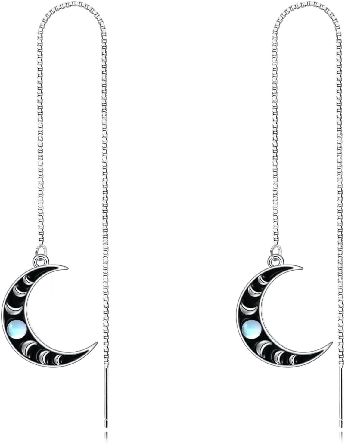 Moon Phase Earrings 925 Moon Threader Earrings Moonstone Long Chain Dangle Drop Pull Through Earrings Jewelry Gift for Women