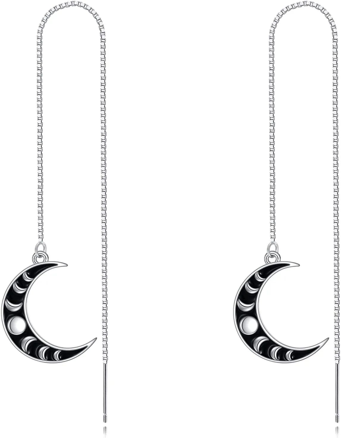 Moon Phase Threader Earrings 925 Silver Moon Dangle Drop Earrings Crescent Crescen Long Chain Pull Through Earrings Black Jewelry Gifts for Women