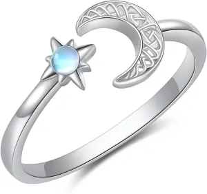 Moon Ring S925 Sterling Silver Moonstone Crescent Moon and Star Celtic Open Ring Adjustable Ring Moon Star Jewelry for Women