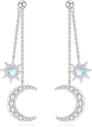 Moon Star Earrings for Women 925 Sterling Silver Moonstone Gemstone Sun and Moon Earrings Moonstone Celestial Jewelry Gifts for Girlfriend Wife