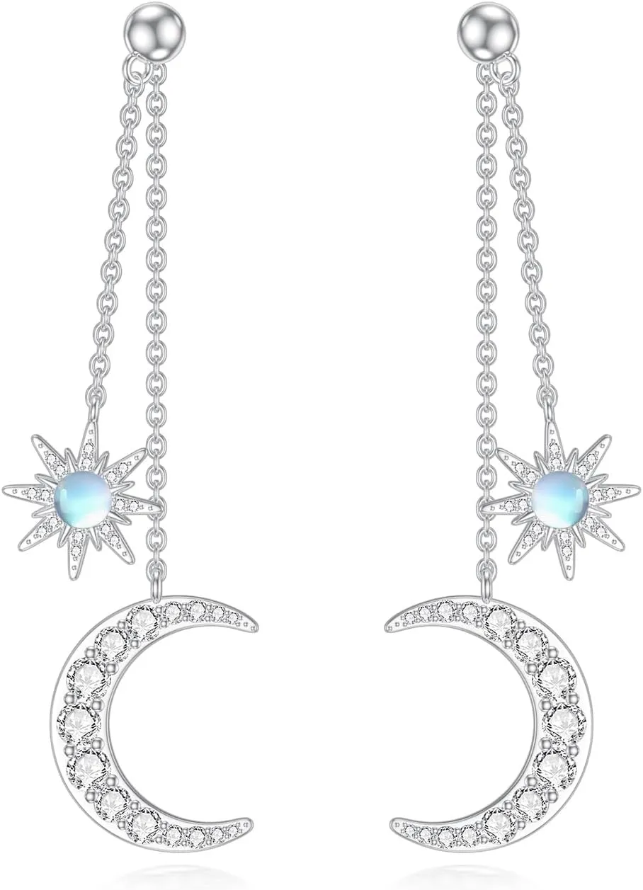 Moon Star Earrings for Women 925 Sterling Silver Moonstone Gemstone Sun and Moon Earrings Moonstone Celestial Jewelry Gifts for Girlfriend Wife