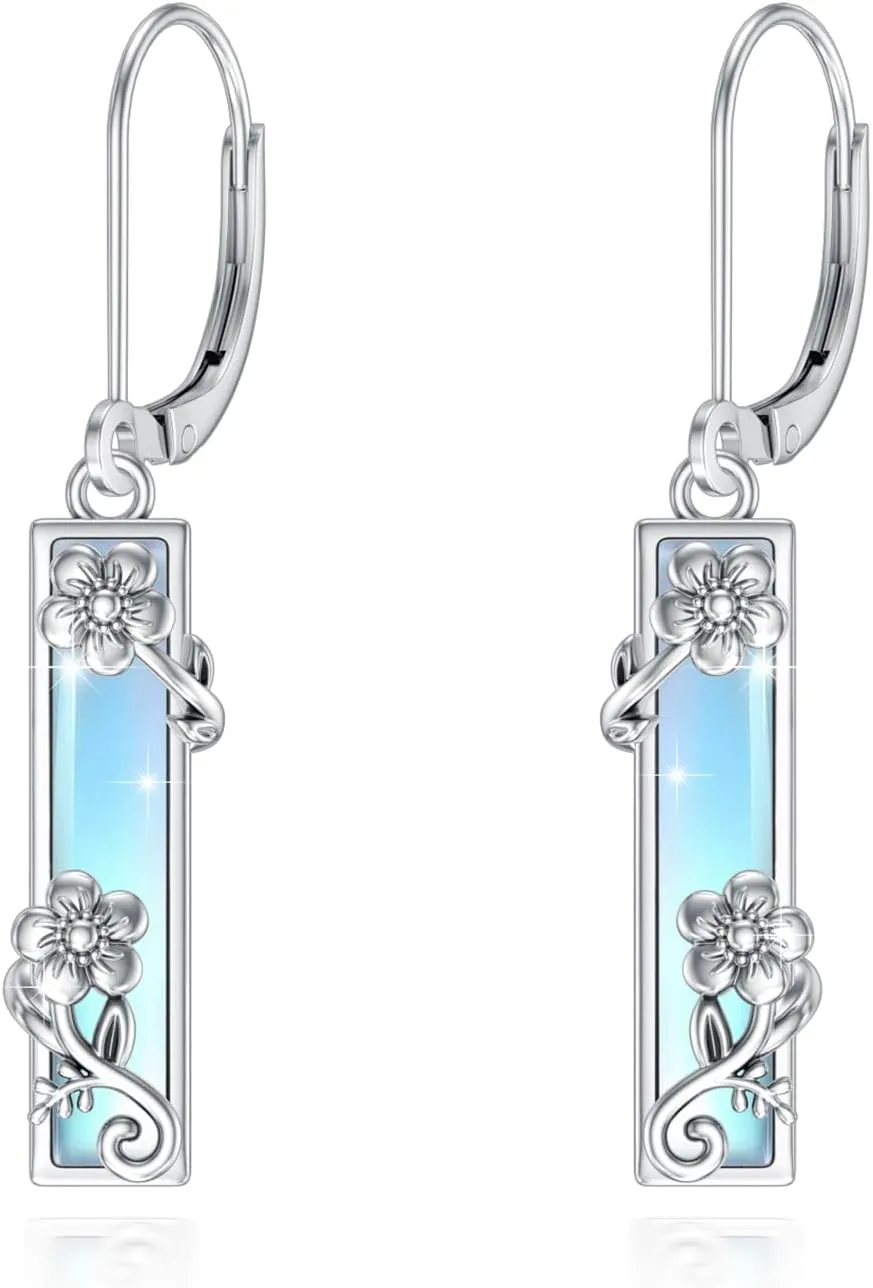 Moonstone Bar Earrings 925 Sterling Silver Bar Leverback Flower Earrings Jewelry Birthday Gifts for Women