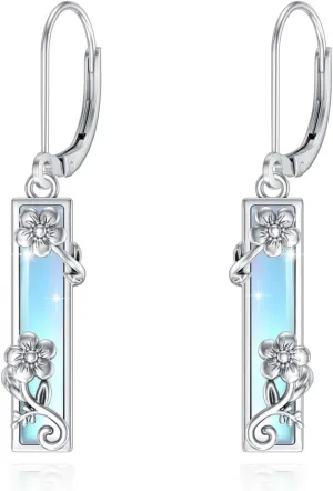 Moonstone Bar Earrings 925 Sterling Silver Bar Leverback Flower Earrings Jewelry Birthday Gifts for Women