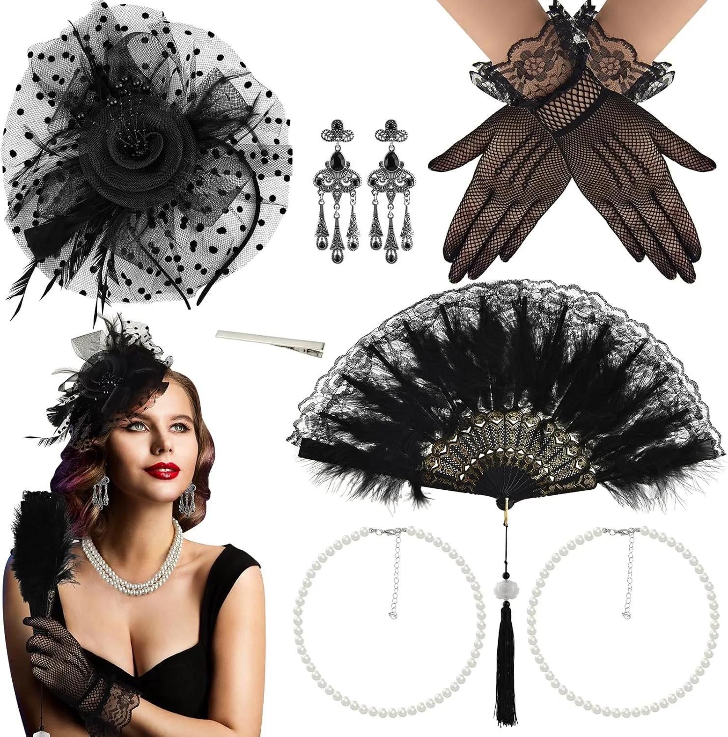 Mototo 6 Set Fascinator Hats for Women Tea Party Gloves Set Include Mesh Hats Lace Gloves Pearl Necklace Earring for Women