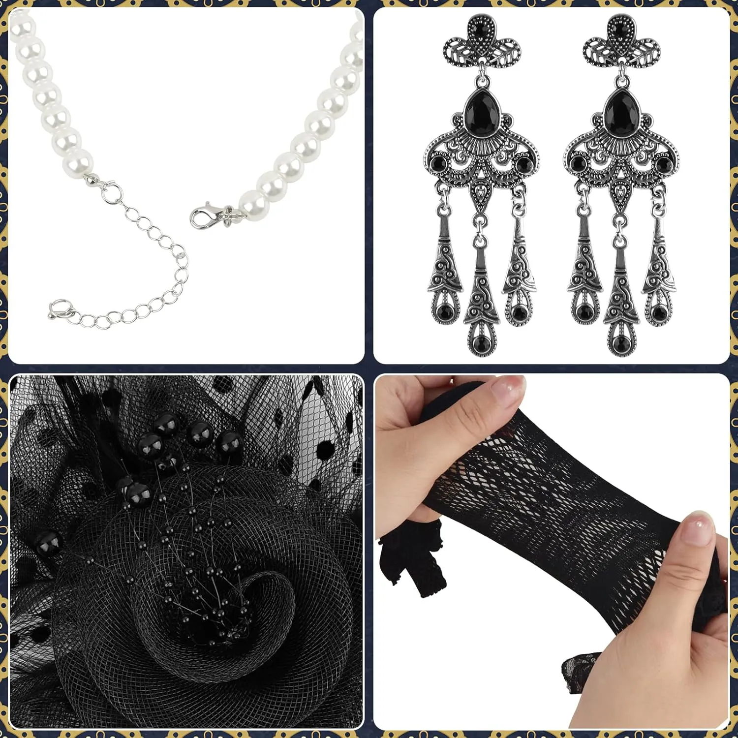 Mototo 6 Set Fascinator Hats for Women Tea Party Gloves Set Include Mesh Hats Lace Gloves Pearl Necklace Earring for Women