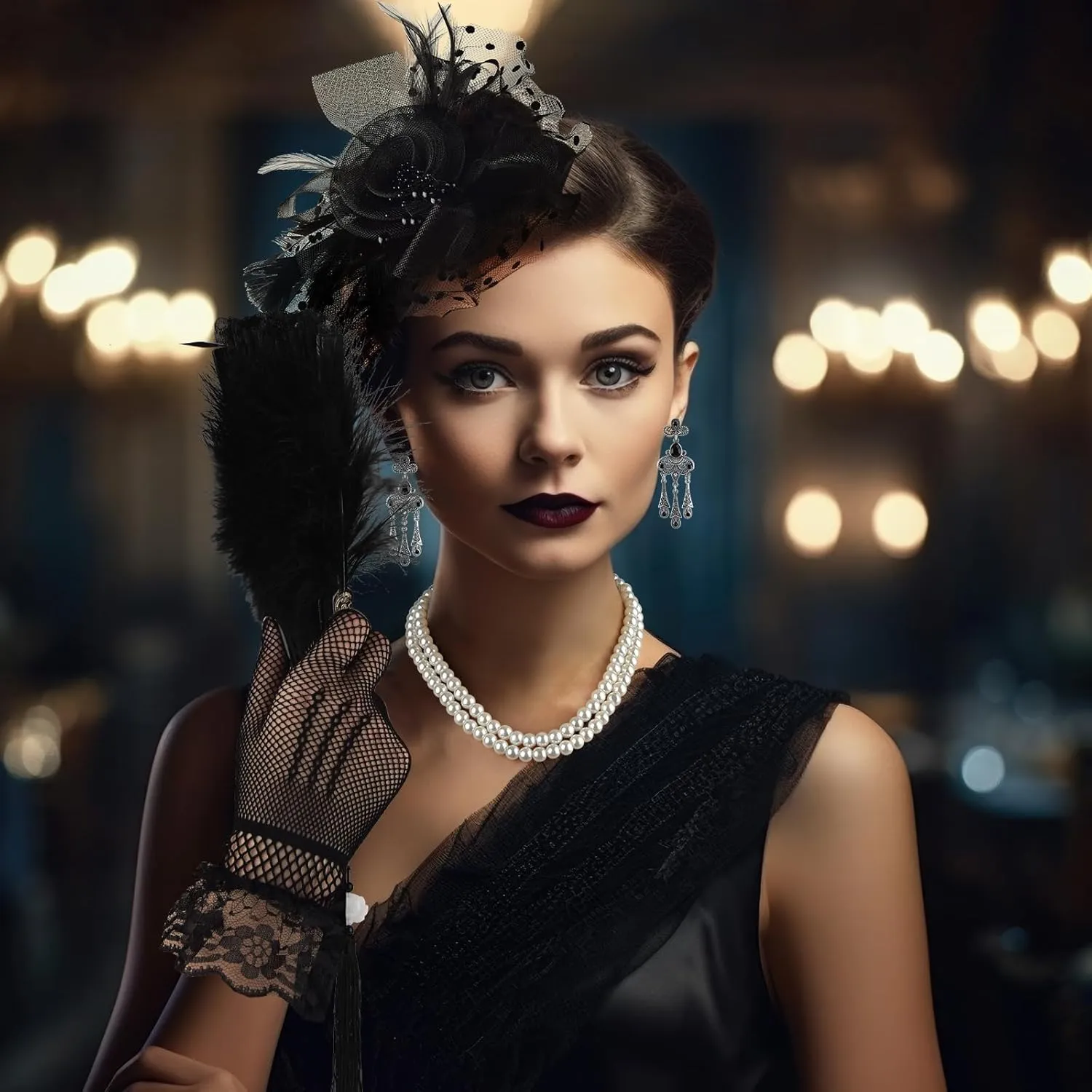 Mototo 6 Set Fascinator Hats for Women Tea Party Gloves Set Include Mesh Hats Lace Gloves Pearl Necklace Earring for Women
