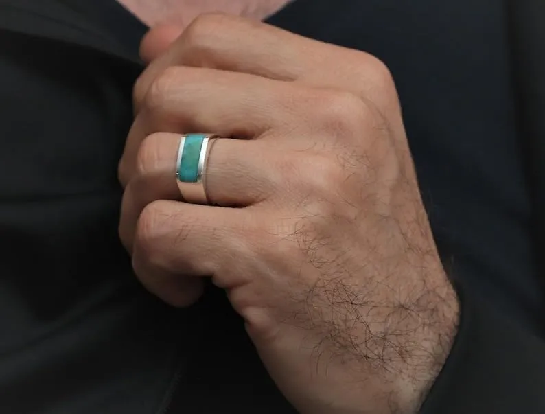MOUNTJEWELS Turquoise Men’s Ring 925 Sterling Silver Turquoise Ring Handmade Gemstones Rings for Mens Gift for Him