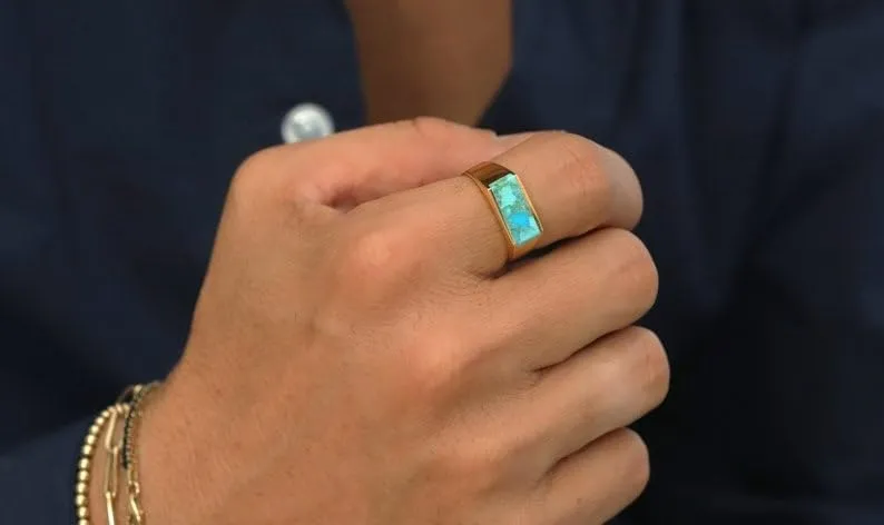 MOUNTJEWELS Turquoise Men’s Ring 925 Sterling Silver Turquoise Ring Handmade Gemstones Rings for Mens Gift for Him
