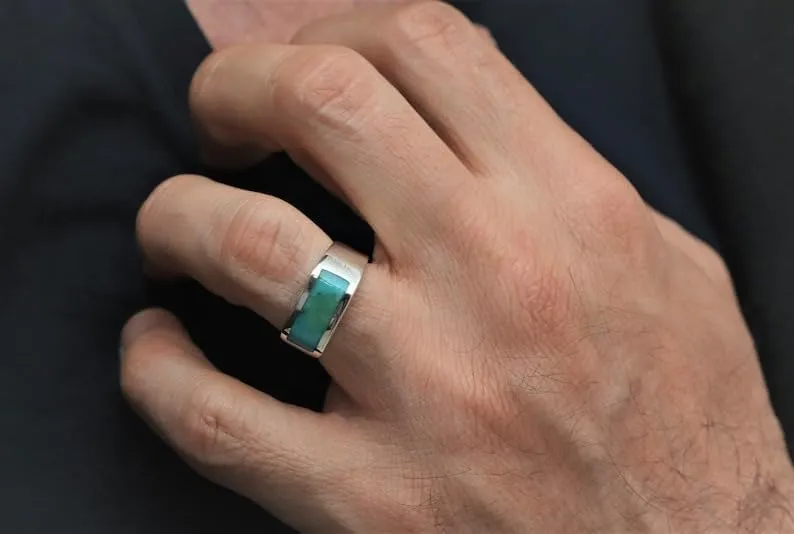 MOUNTJEWELS Turquoise Men’s Ring 925 Sterling Silver Turquoise Ring Handmade Gemstones Rings for Mens Gift for Him