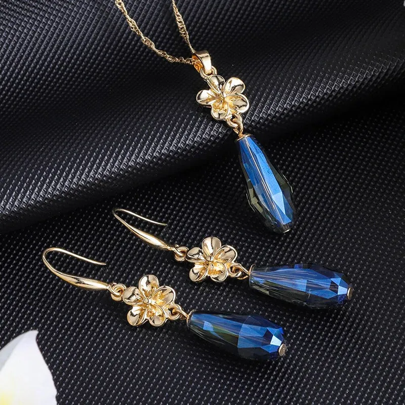 Multi-color Crystal Pendant Necklaces and Earrings Jewelry Sets